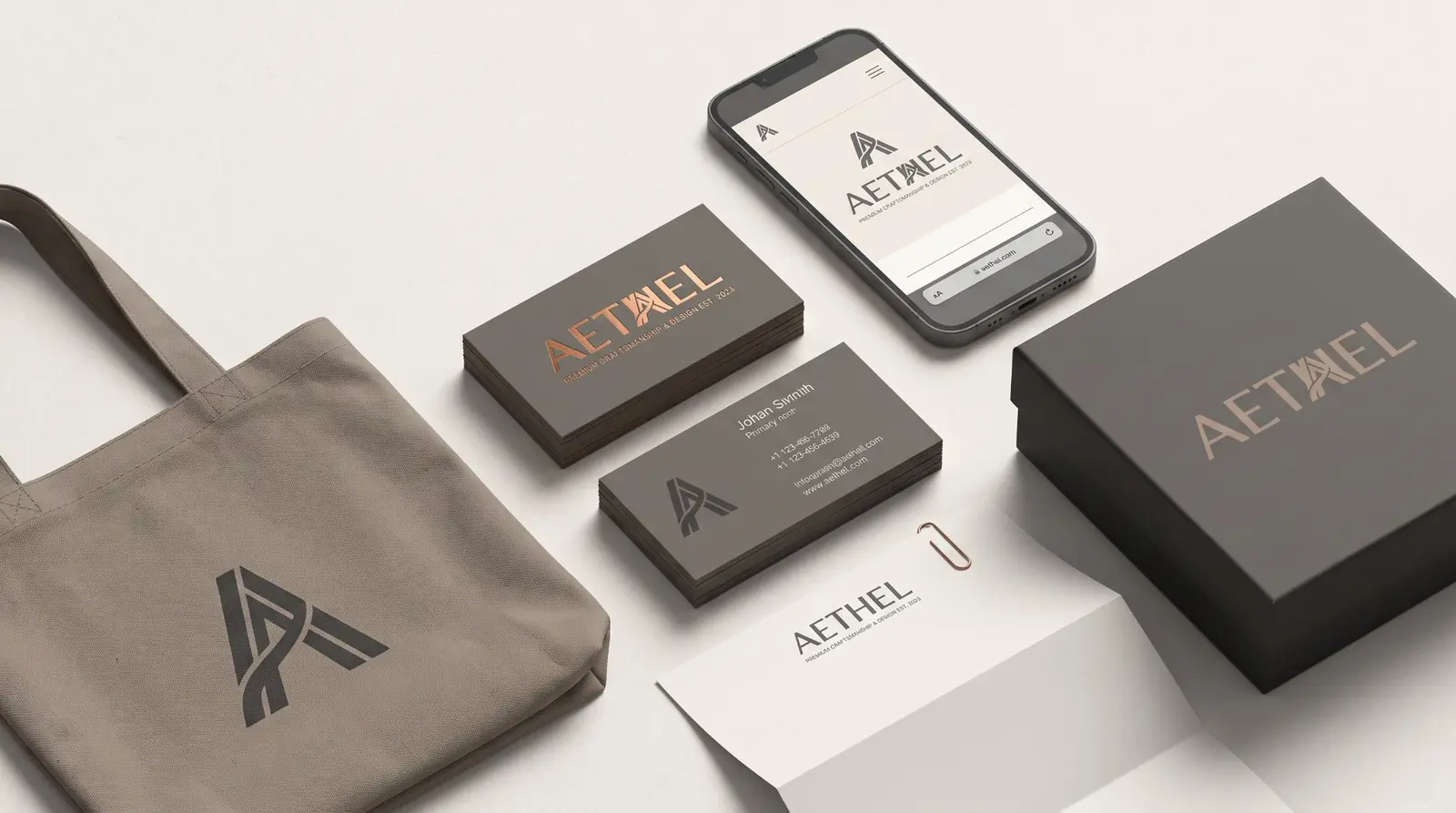 Aethel minimalist brand identity mockups